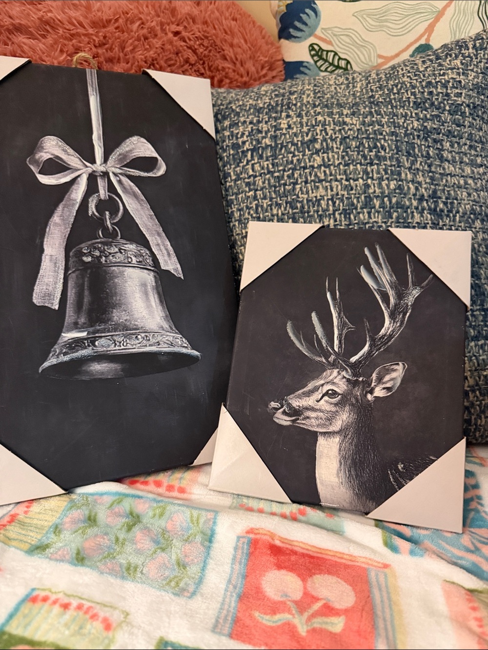 Black & White Deer and Bell Wall Art Set